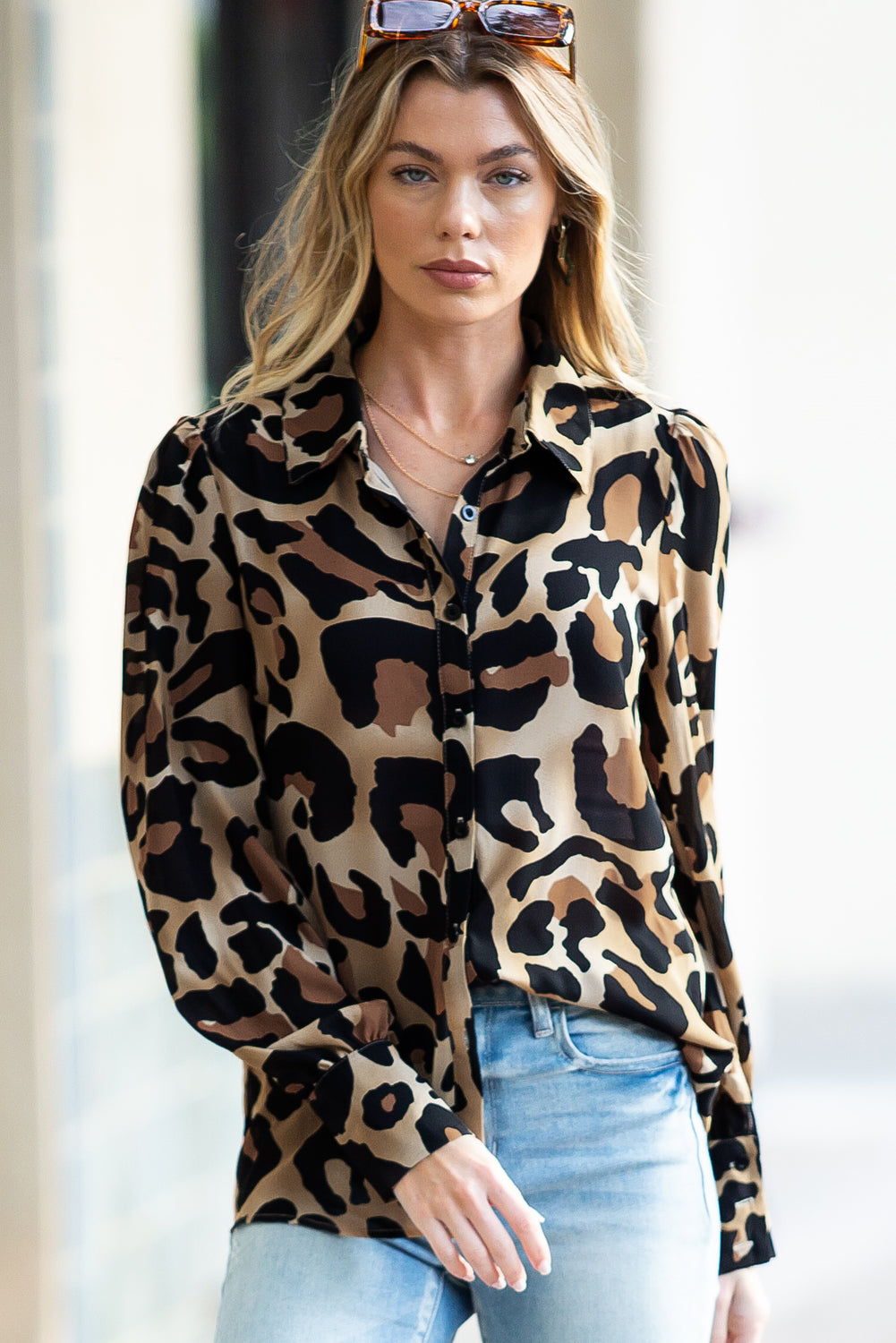 Leopard Bishop Sleeve Button Up Turn Down Collar Shirt