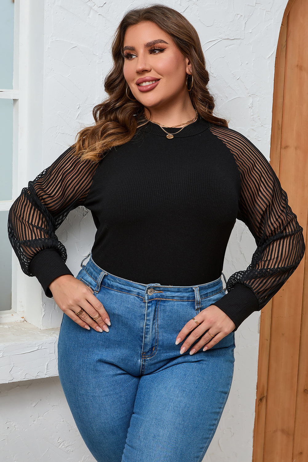 Black Ribbed Knit Sheer Striped Sleeve Plus Size Top