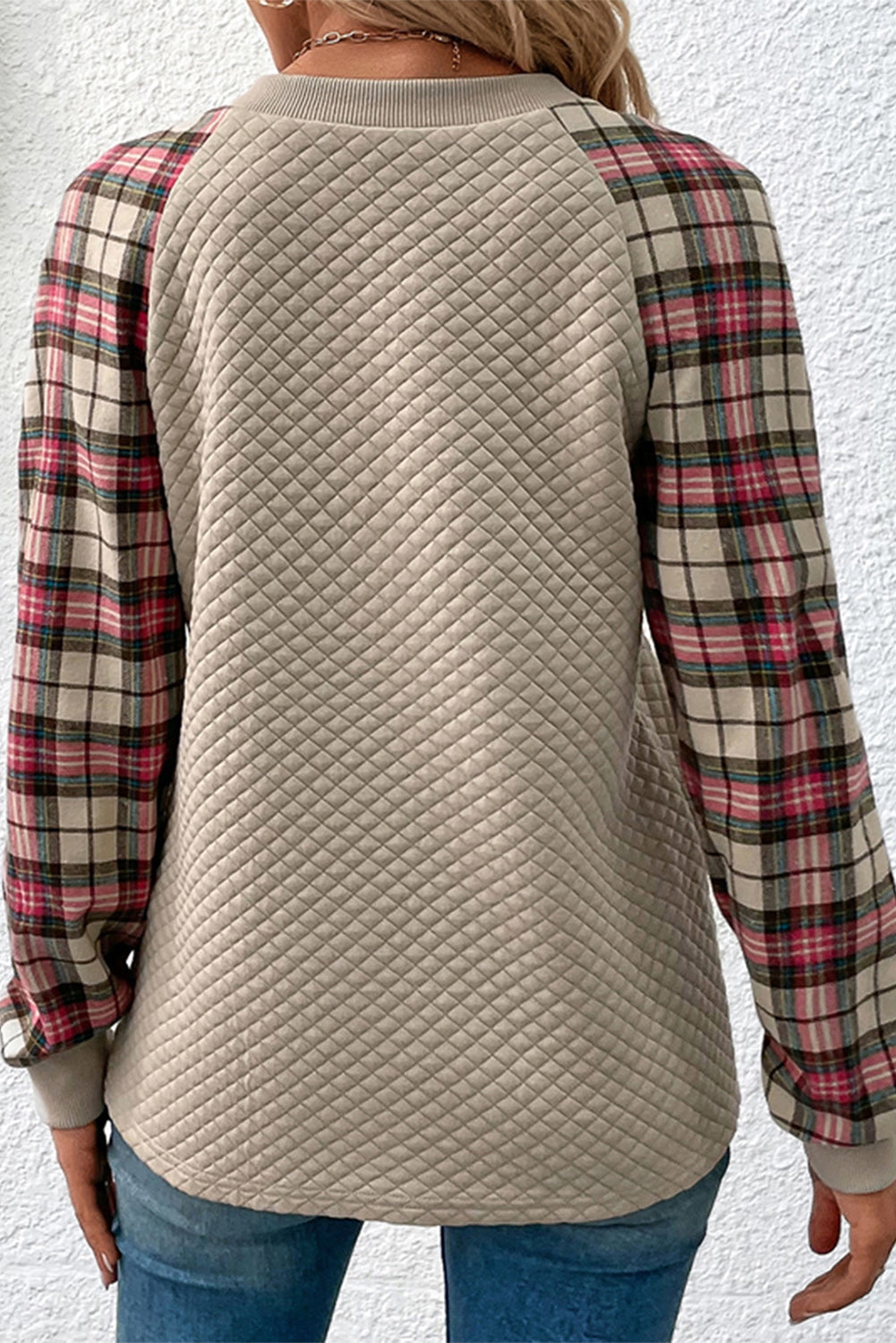 Brown Plaid Print Waffle Quilted Raglan Sleeve Sweatshirt