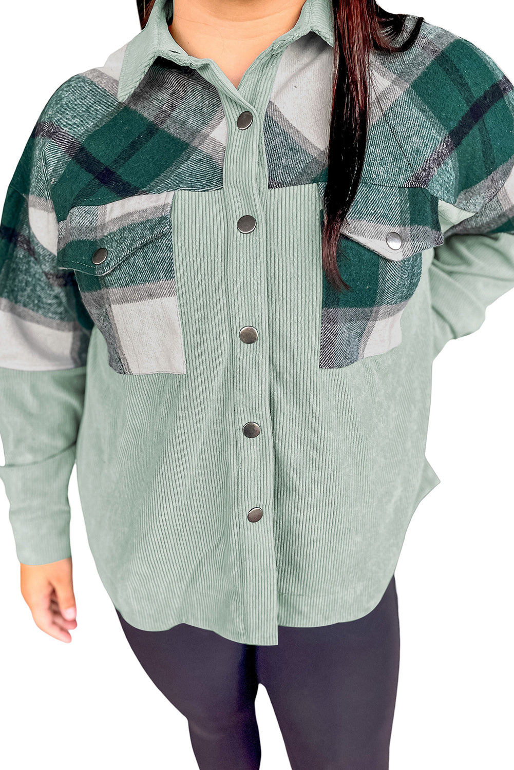 Green Plaid Patchwork Plus Size Corduroy Shacket