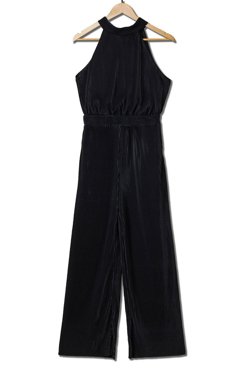 Black Button Halter Neck Keyhole Back Ribbed Jumpsuit