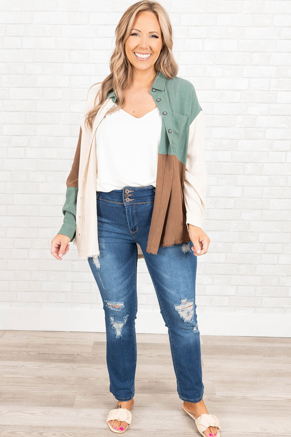 Green Colorblock Button-Up Long Sleeve Plus Size Shirt