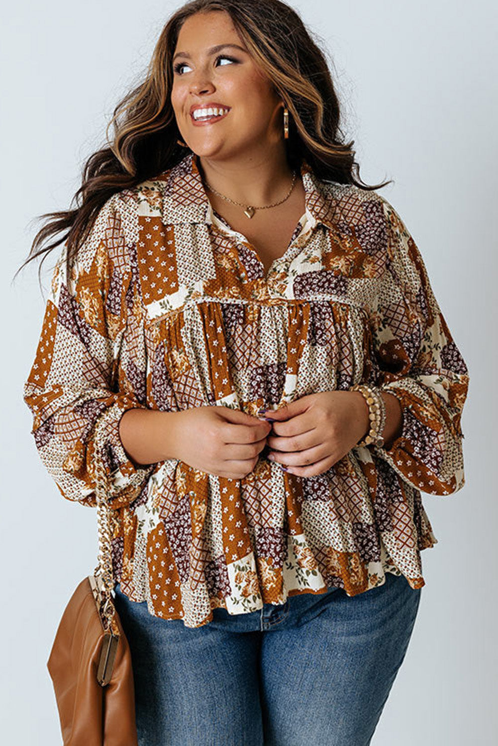 Apricot Mixed Print Turn-down Neck Plus Size Shirt