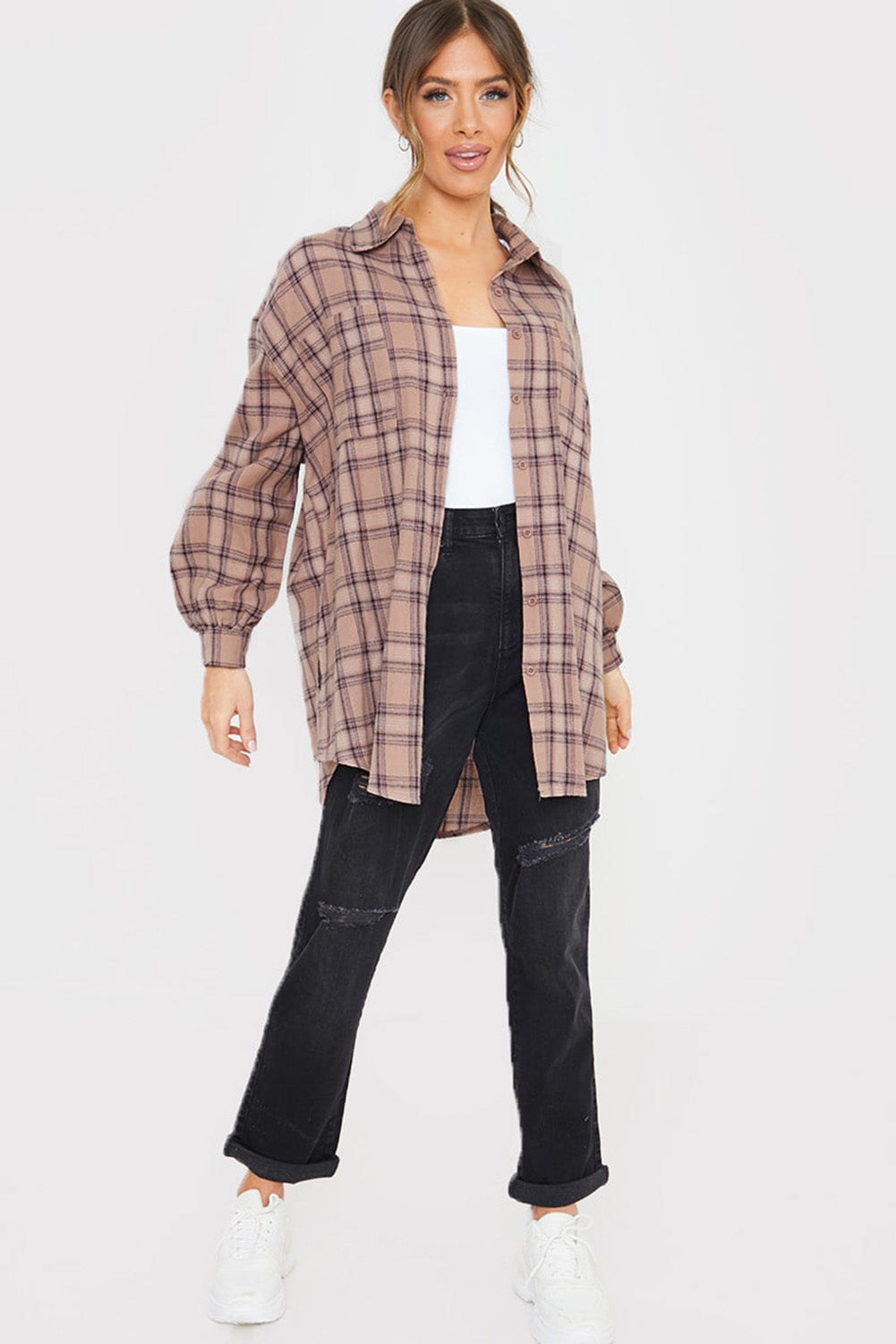 Pink Plus Size Plaid Print Buttoned Oversized Tunic Shirt