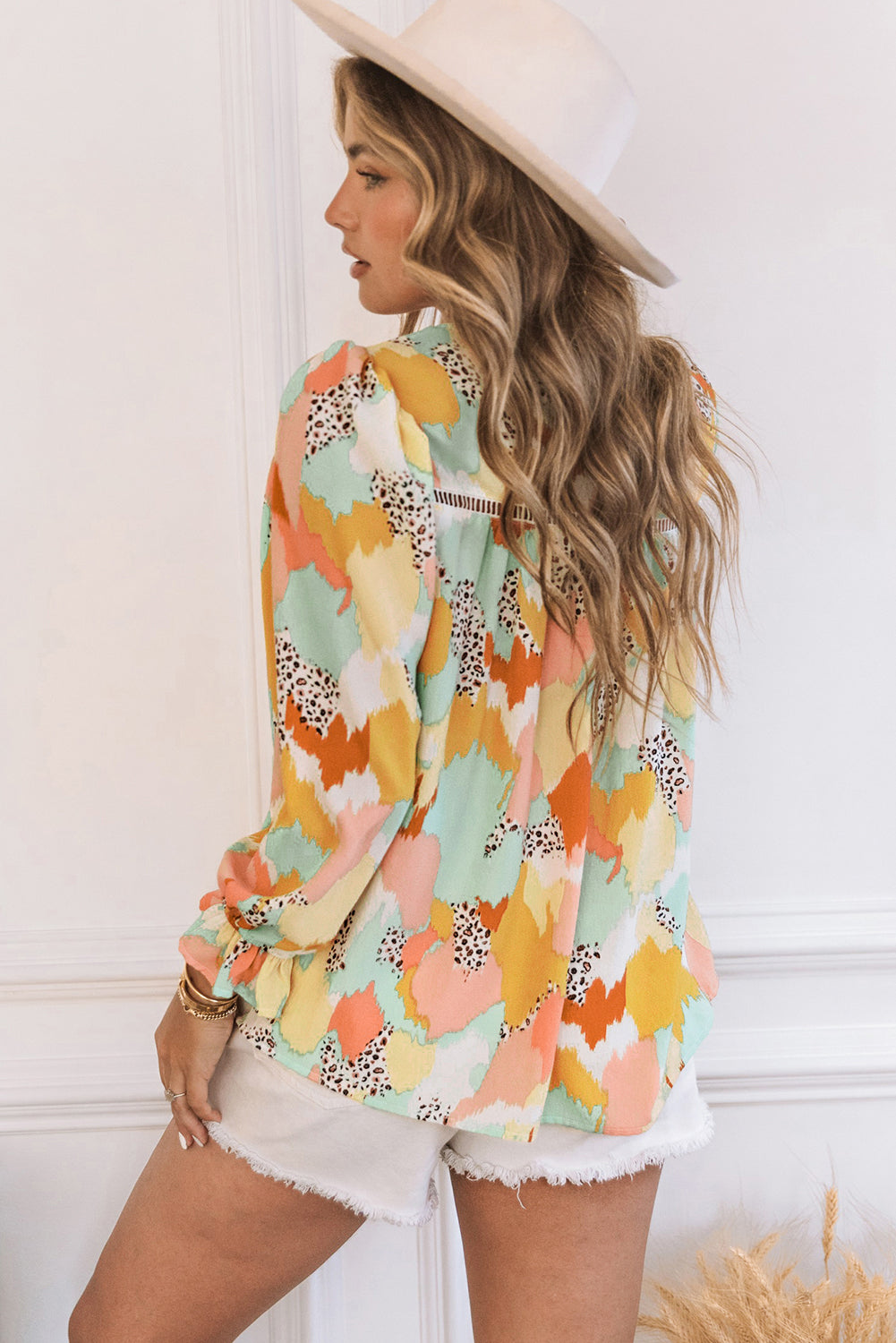 Multicolor Abstract Print Boho Ruffle Long Sleeve Blouse