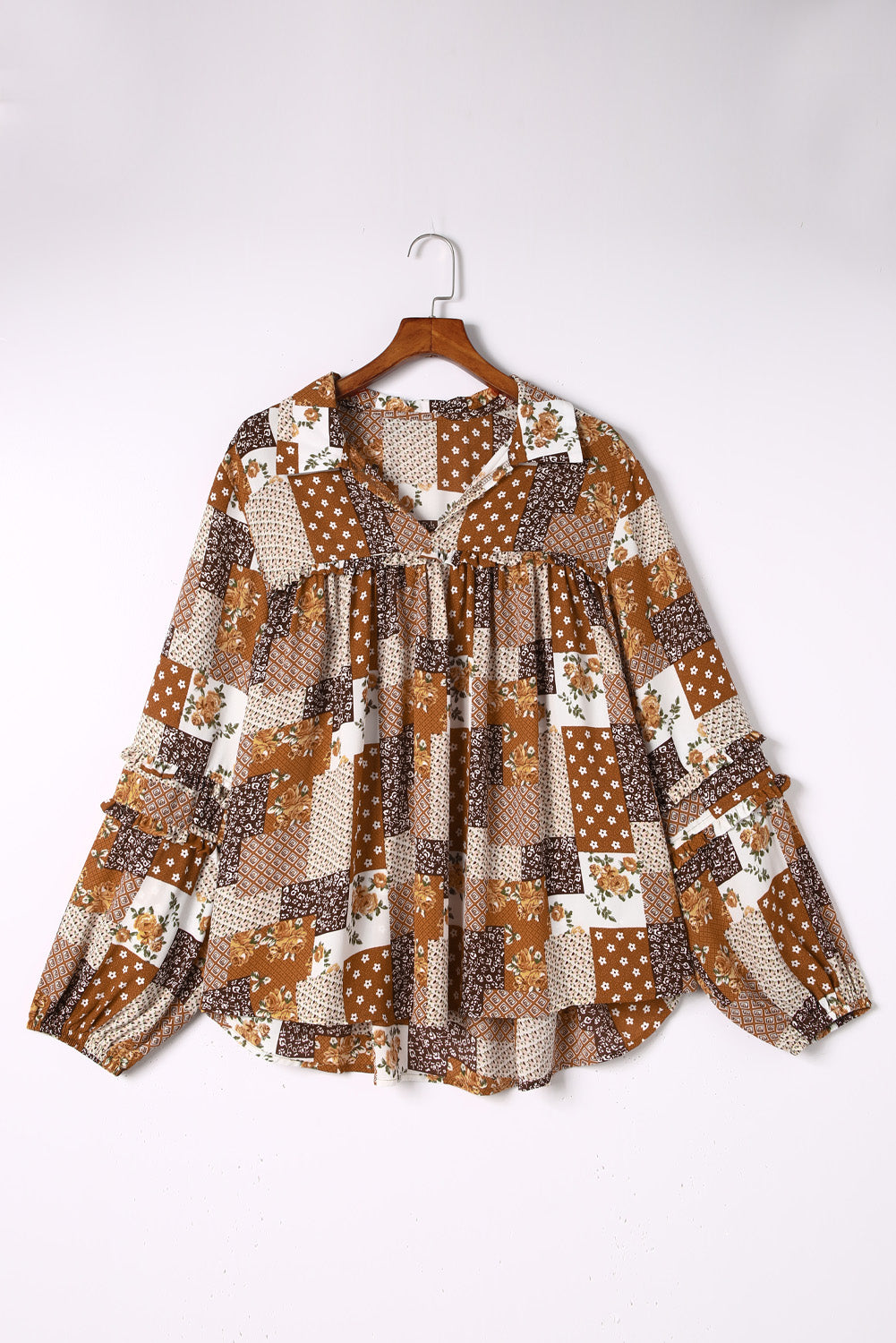 Apricot Mixed Print Turn-down Neck Plus Size Shirt