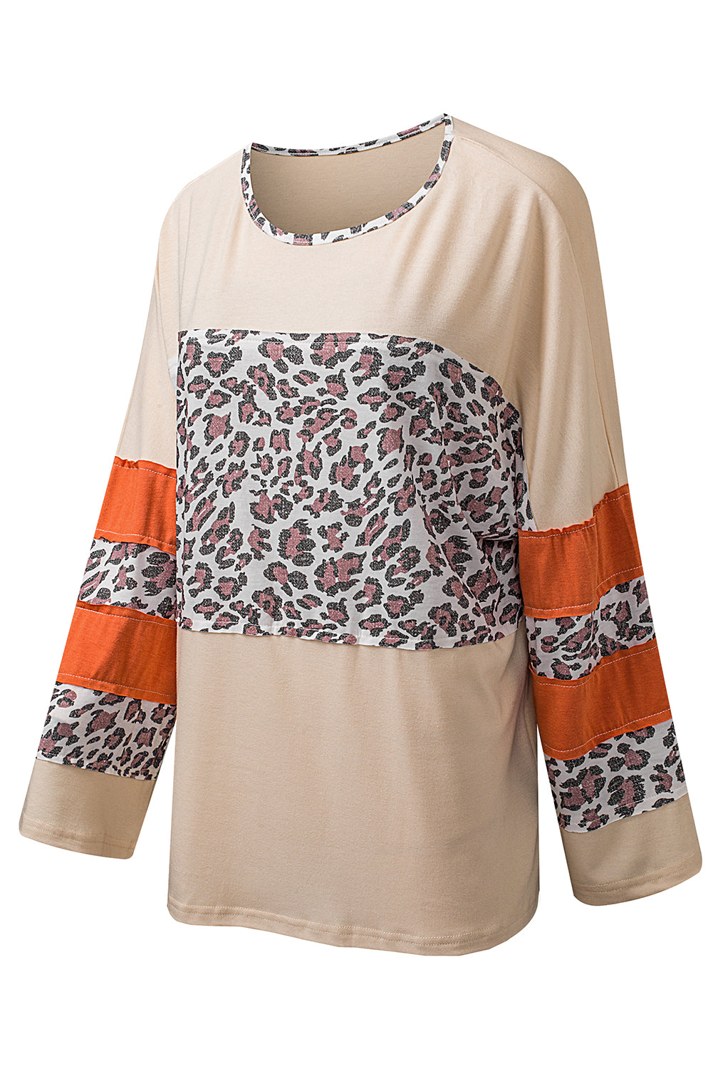 Apricot Leopard Print Color Block Patchwork Plus Size Top