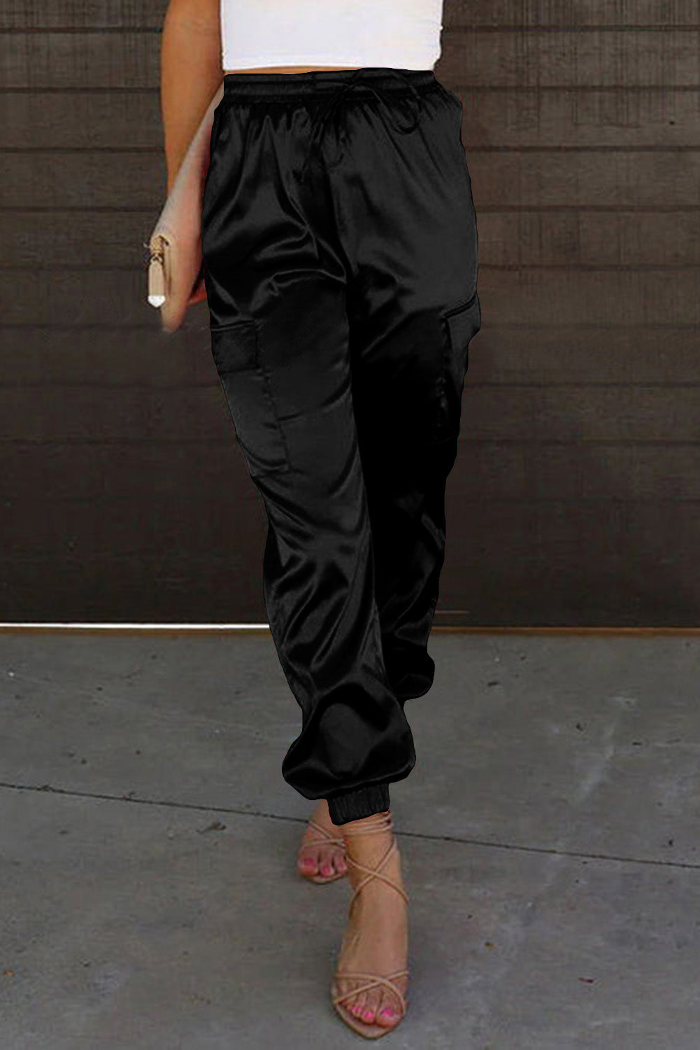 Black Satin Pocketed Drawstring Elastic Waist Pants