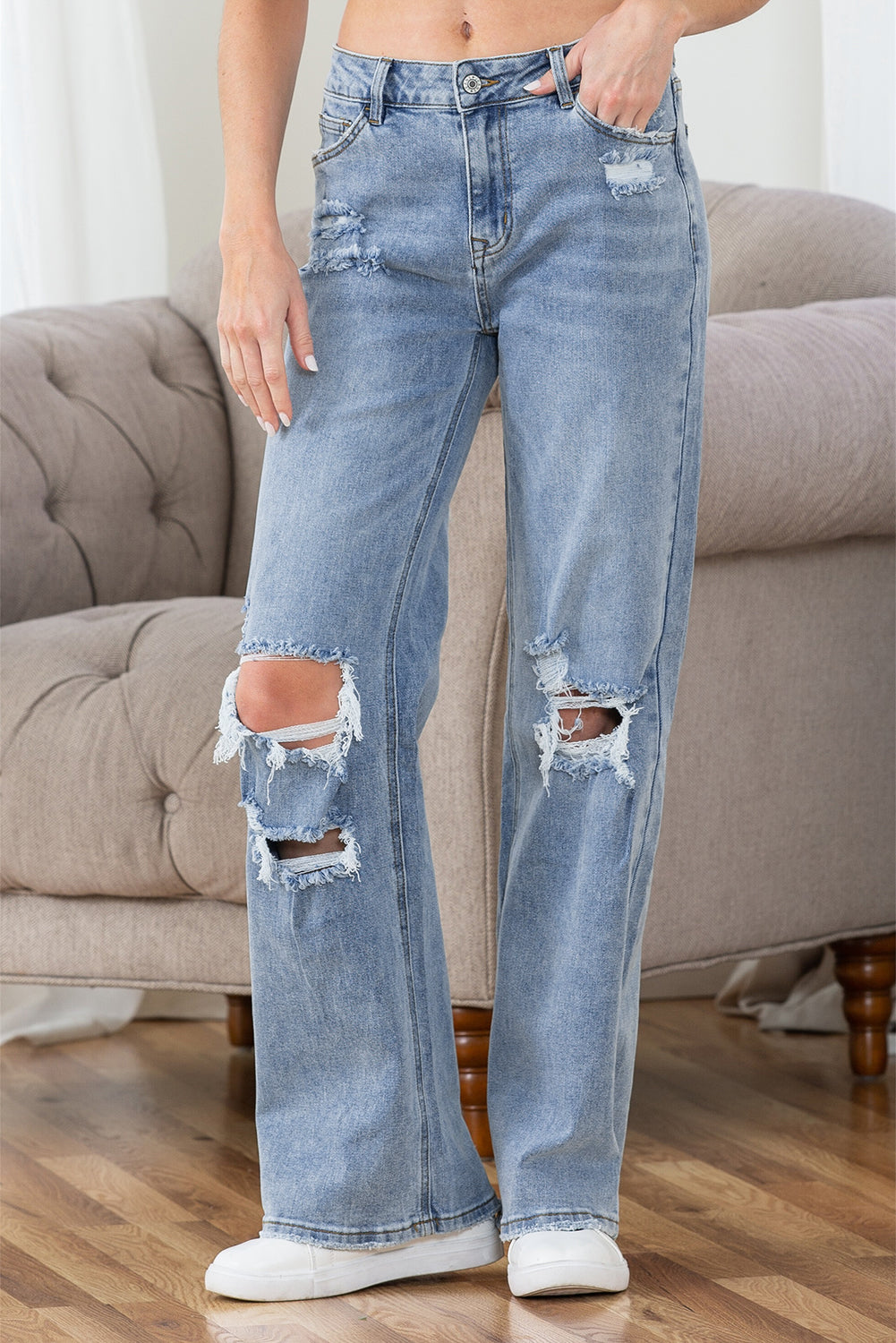 Light Blue Destroyed Ripped Casual Wide Leg Jeans