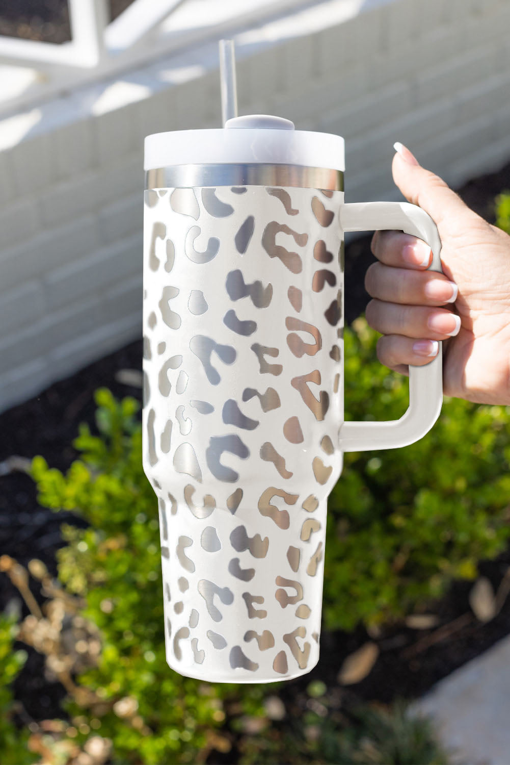 Black 40oz Stainless Steel Portable Leopard Tumbler Mug With Handle