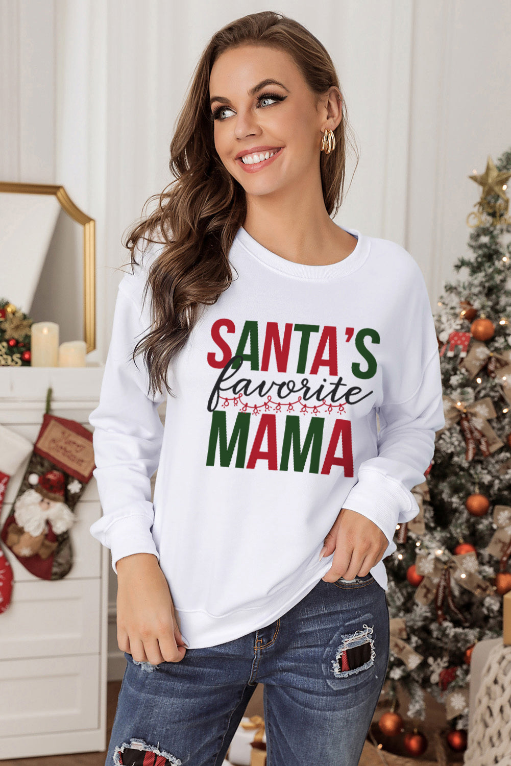 White Santas Favorite Mama Letter Print Graphic Sweatshirt