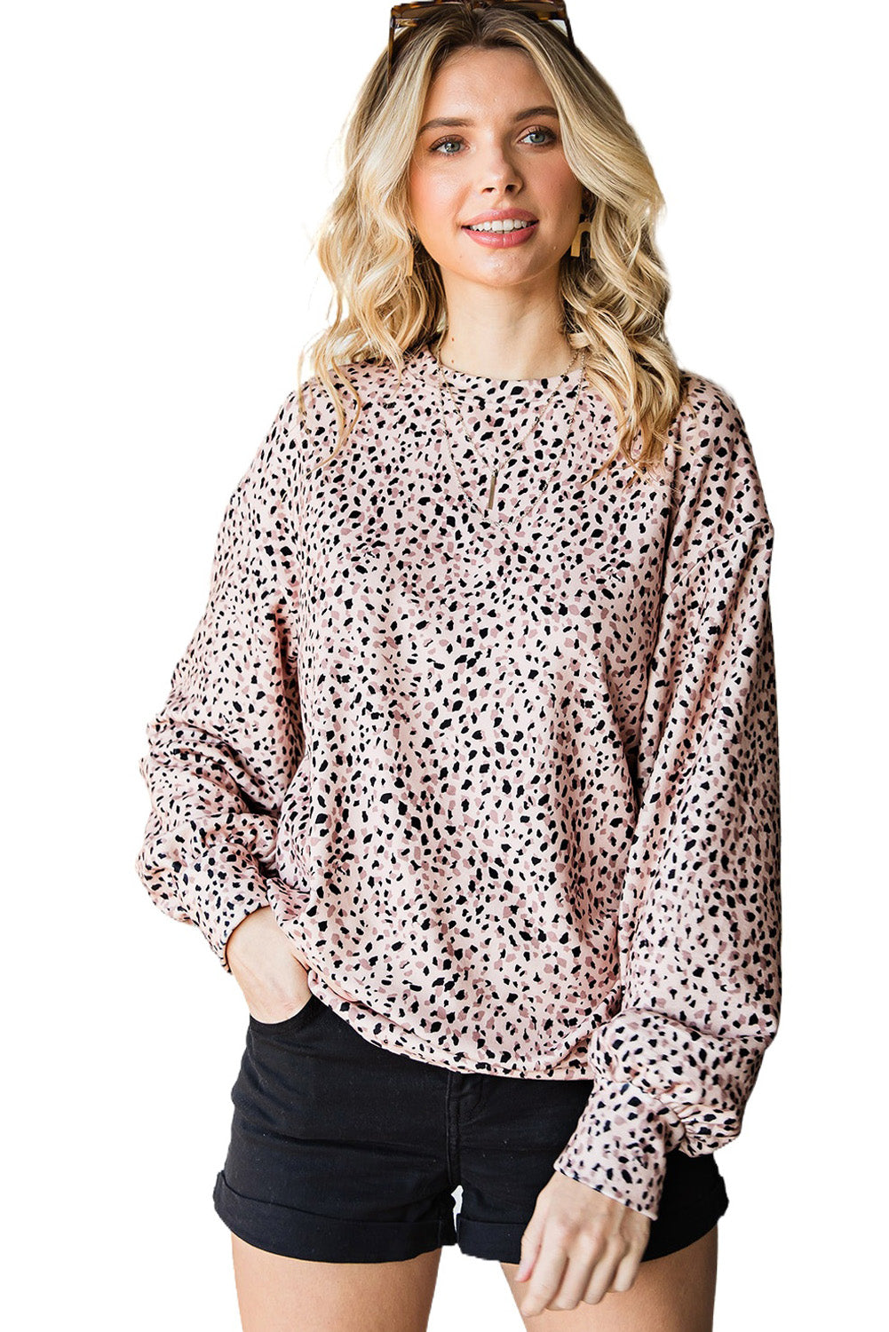 Cheetah Print Crew Neck Bishop Sleeve Sweatshirt