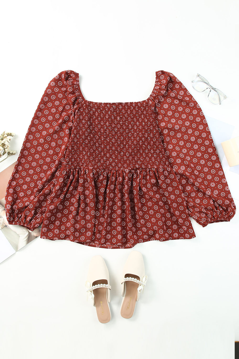 Red Plus Size Shirred Square Neck Printed Peplum Top