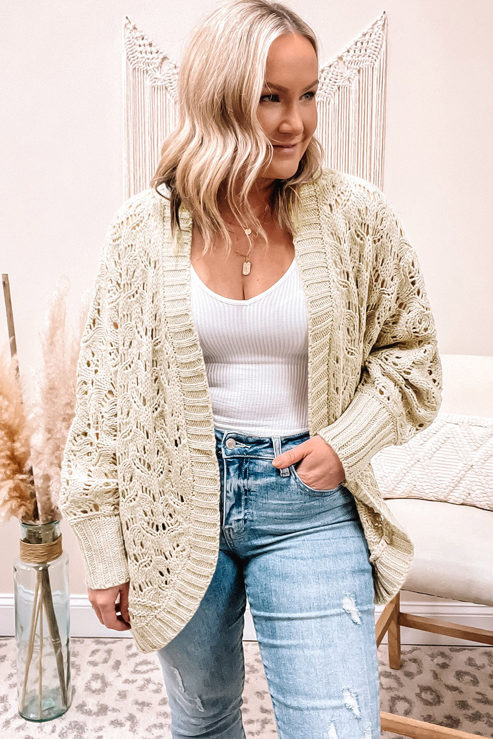 Beige Plus Size Hollowed Open Front Ribbed Trim Cardigan