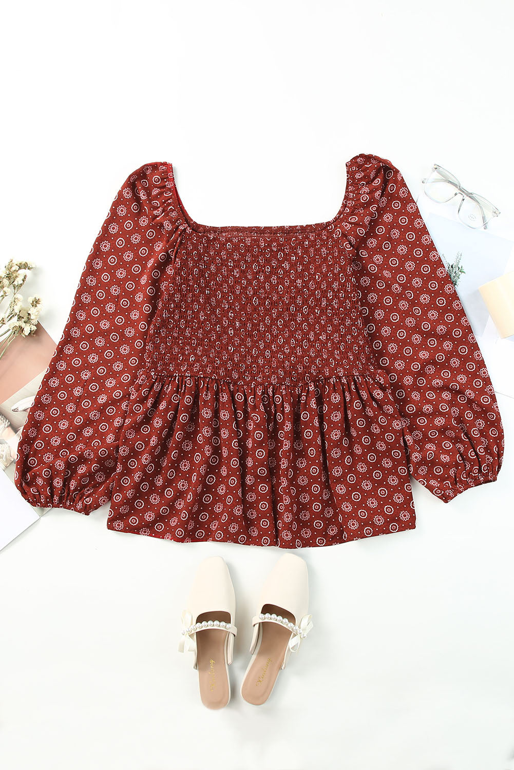 Red Plus Size Shirred Square Neck Printed Peplum Top