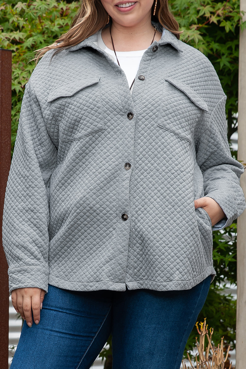 Gray Plus Size Pocketed Quilted Shacket