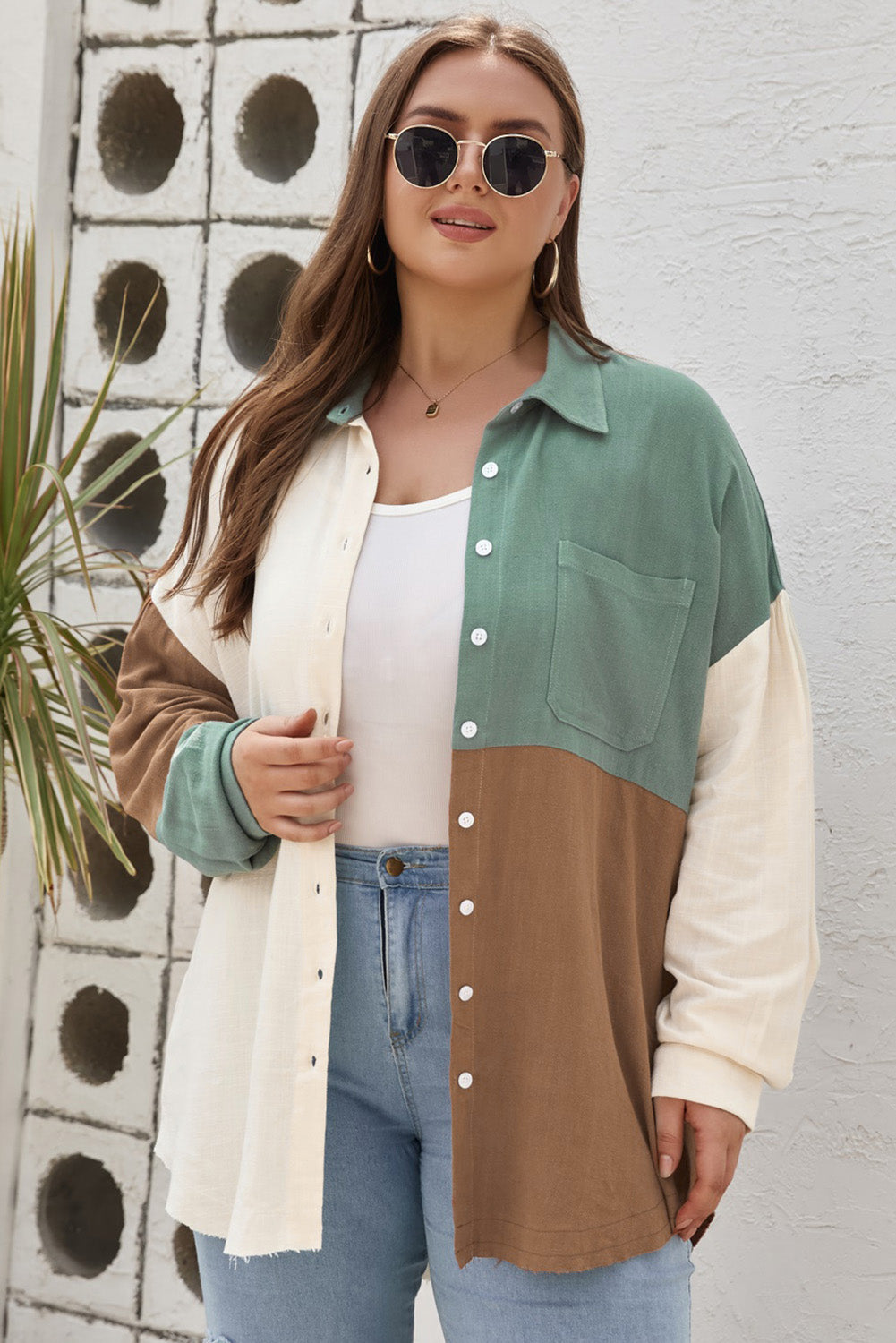 Green Colorblock Button-Up Long Sleeve Plus Size Shirt