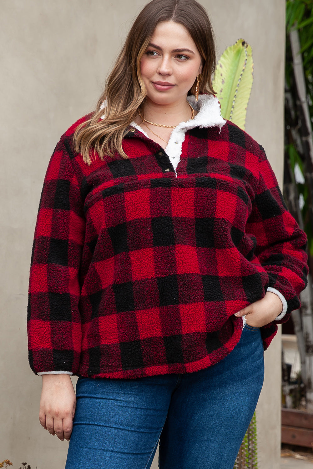 Red Plus Size Buffalo Plaid Sherpa Henley Sweatshirt