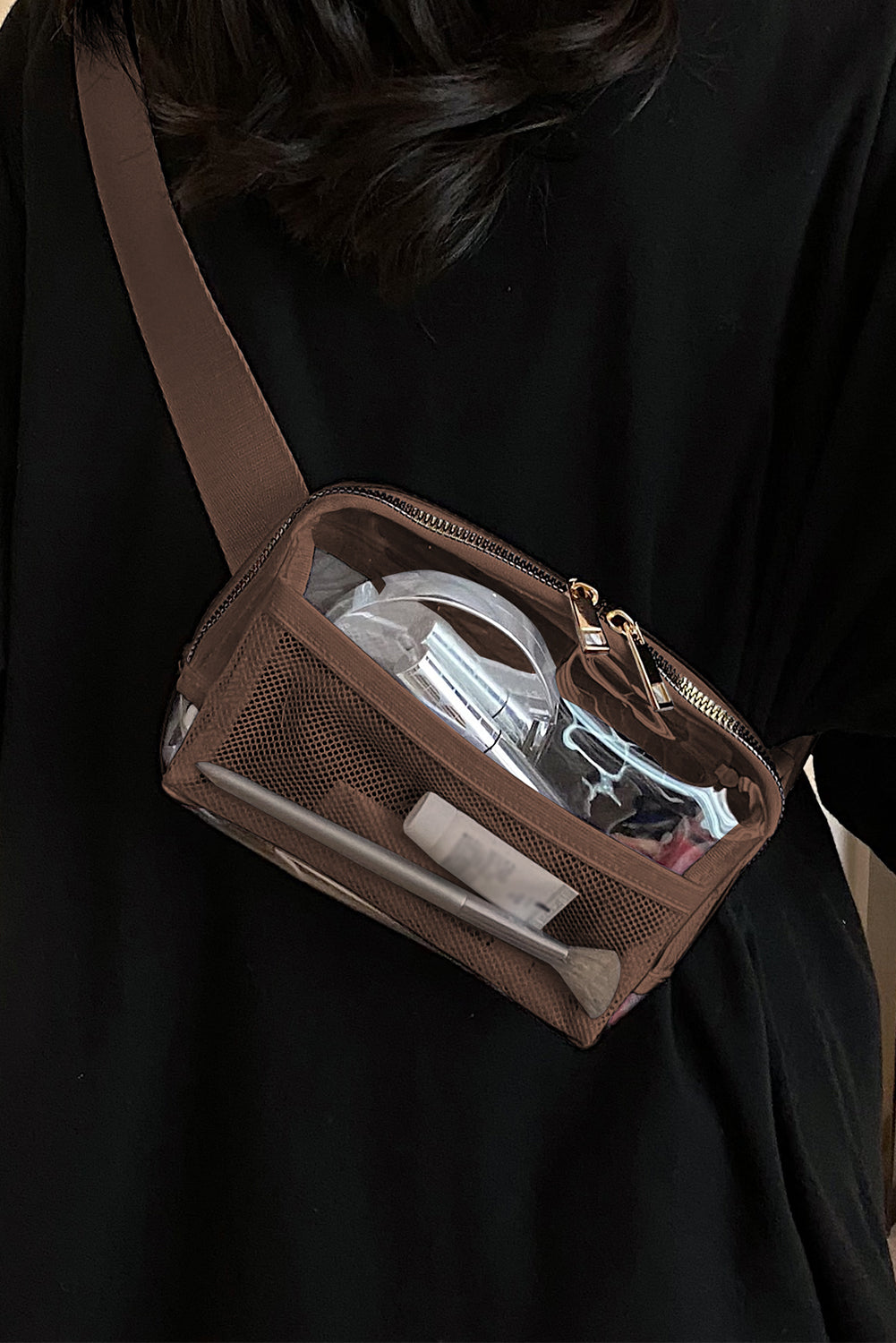 Brown Adjustable Straps Zipper Clear Waist Bag