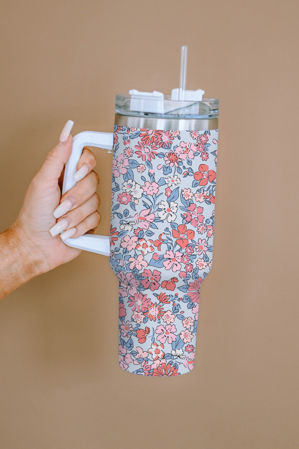 Multicolour Floral Print Handled Stainless Tumbler with Straw