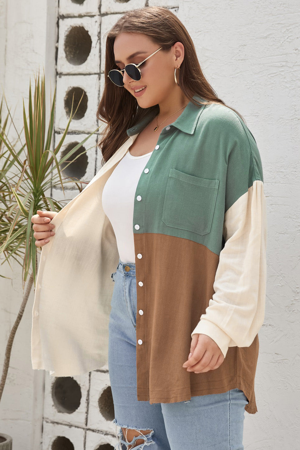 Green Colorblock Button-Up Long Sleeve Plus Size Shirt