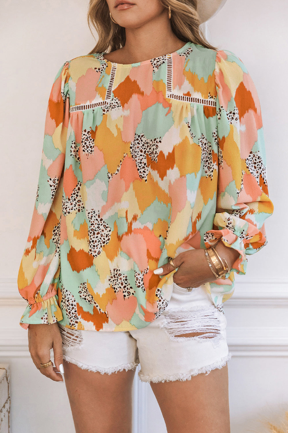 Multicolor Abstract Print Boho Ruffle Long Sleeve Blouse