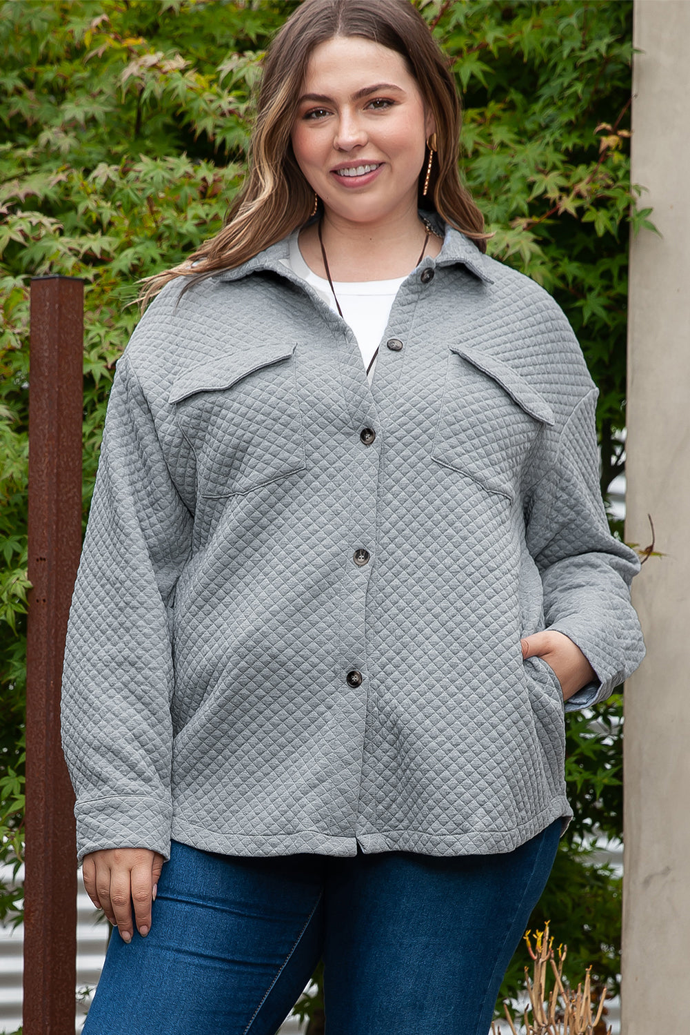 Gray Plus Size Pocketed Quilted Shacket