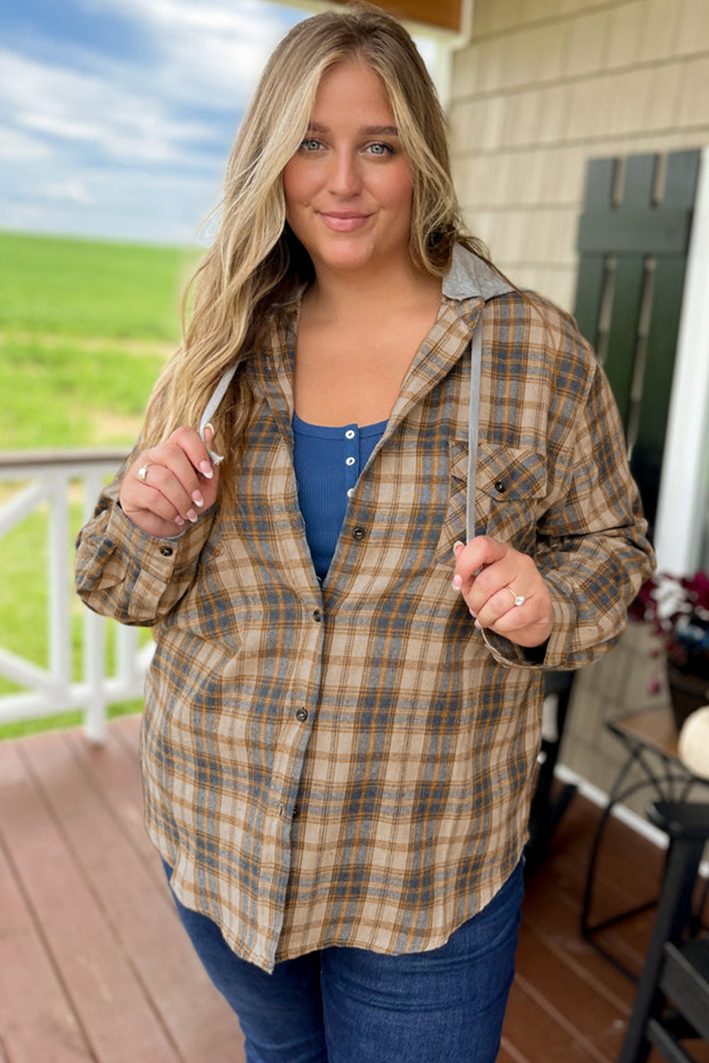 Camel Plus Size Plaid Print Drawstring Hooded Shacket