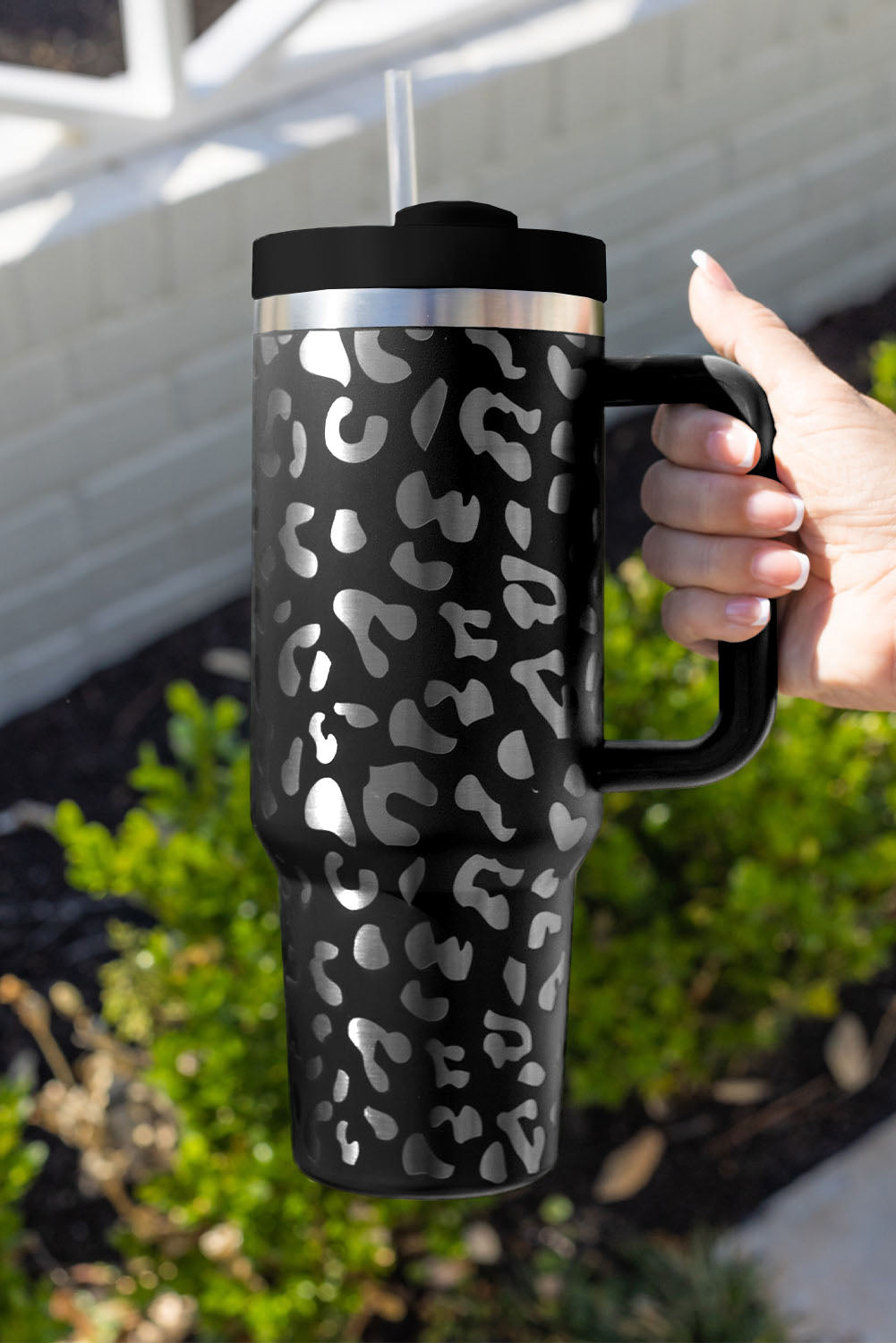 Black 40oz Stainless Steel Portable Leopard Tumbler Mug With Handle