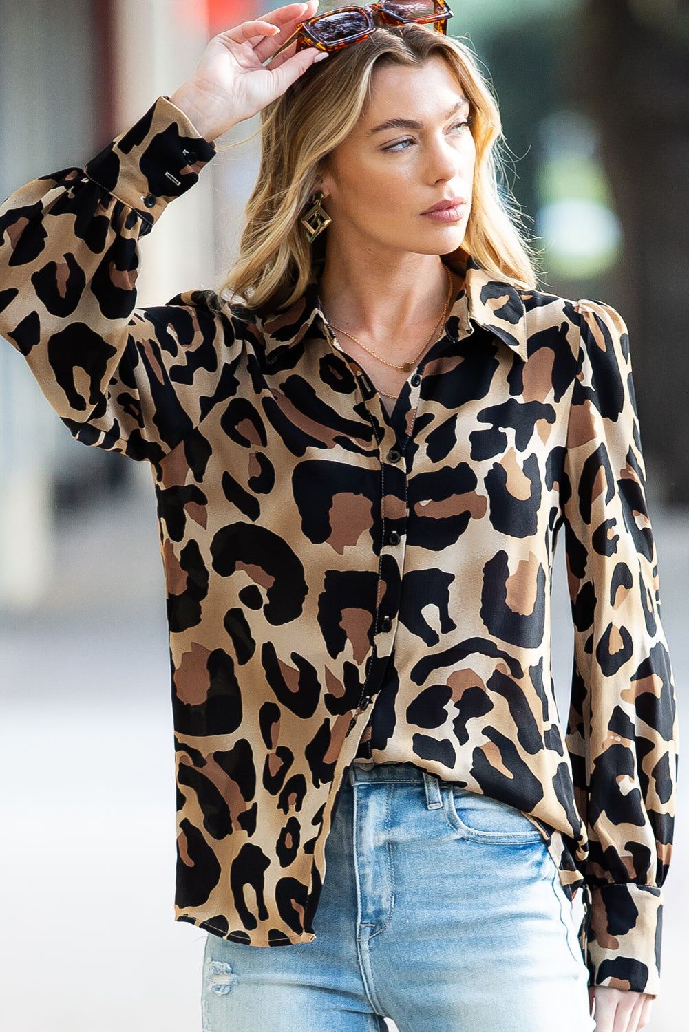 Leopard Bishop Sleeve Button Up Turn Down Collar Shirt