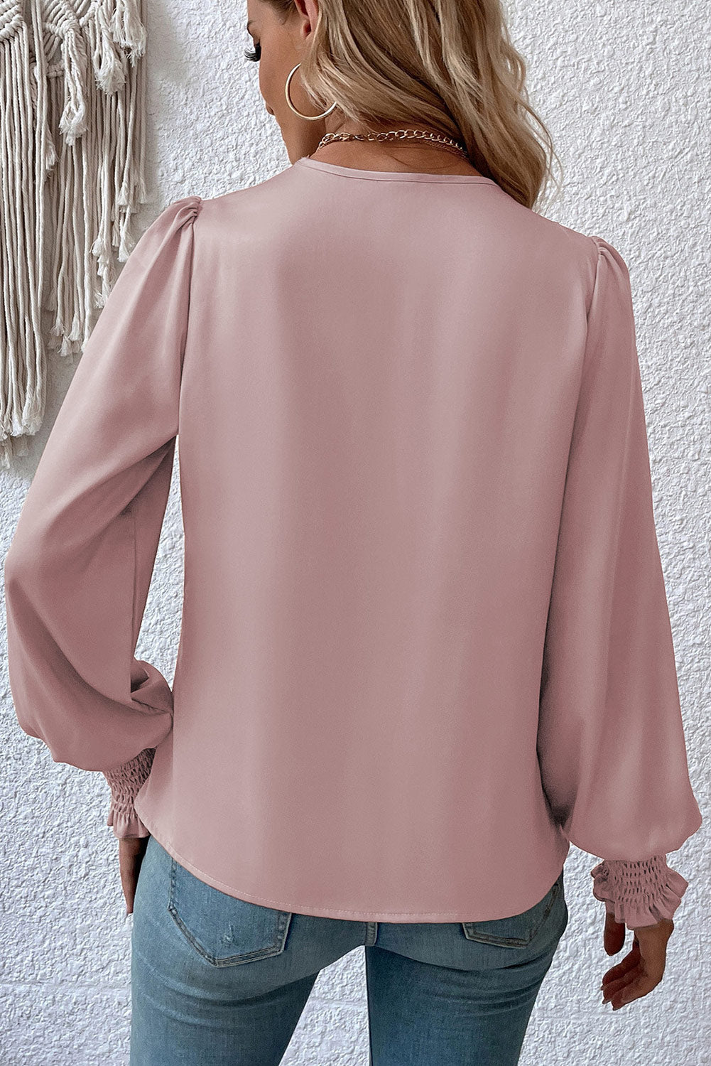 Black Basic Drape V Neck Long Sleeve Blouse for Women