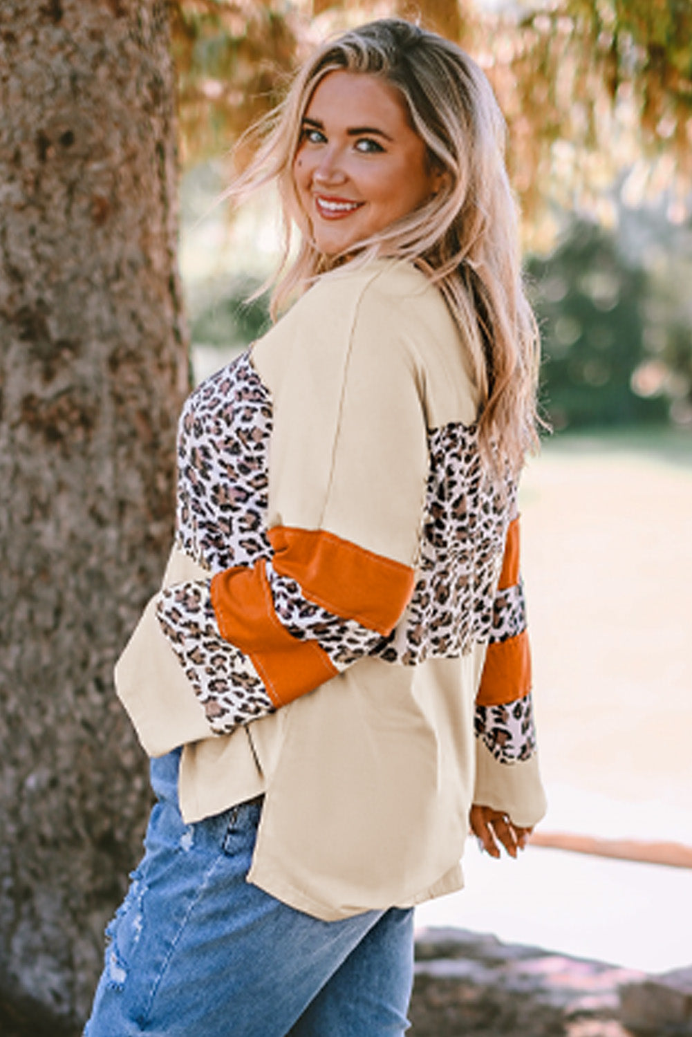 Apricot Leopard Print Color Block Patchwork Plus Size Top