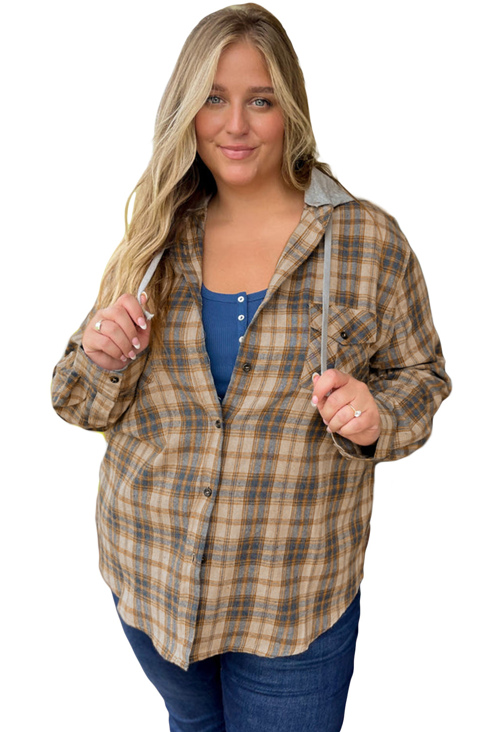 Camel Plus Size Plaid Print Drawstring Hooded Shacket