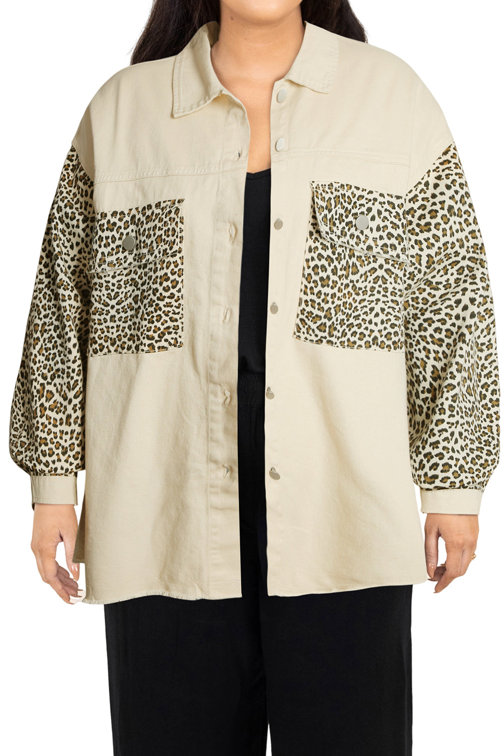 Apricot Plus Size Leopard Sleeve Raw Hem Denim Jacket