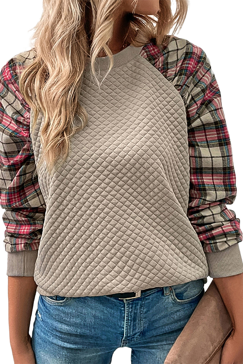 Brown Plaid Print Waffle Quilted Raglan Sleeve Sweatshirt