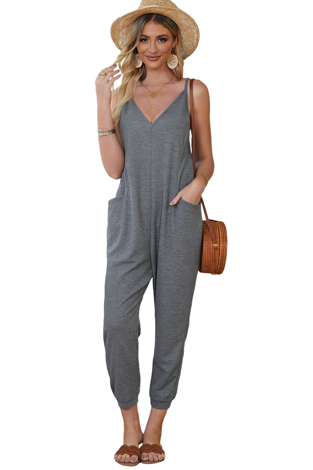 Gray Casual Textured Sleeveless V-Neck Pocketed Jumpsuit