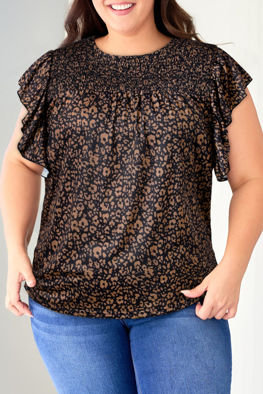 Black Plus Size Smocked Floral Blouse