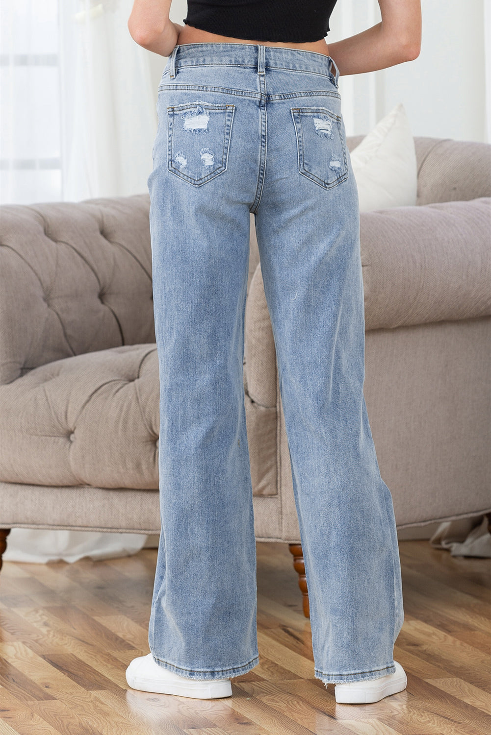 Light Blue Destroyed Ripped Casual Wide Leg Jeans