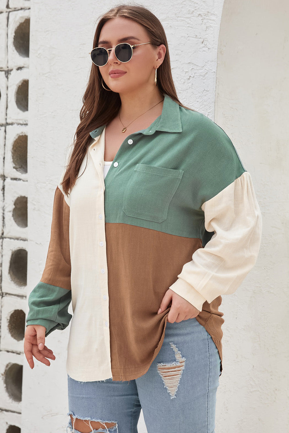 Green Colorblock Button-Up Long Sleeve Plus Size Shirt