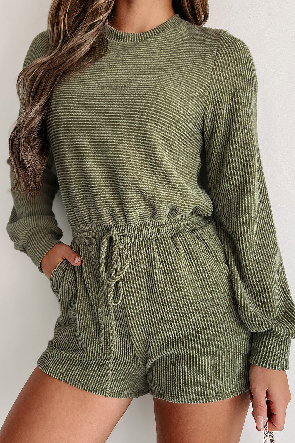 Pickle Green Corded Long Sleeve Pockets Drawstring Romper