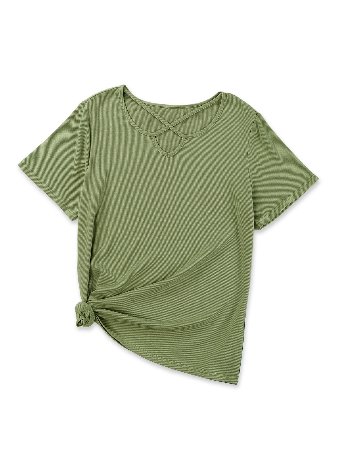 Army Green Casual Crisscross Ribbed Knit  Plus Size Tee