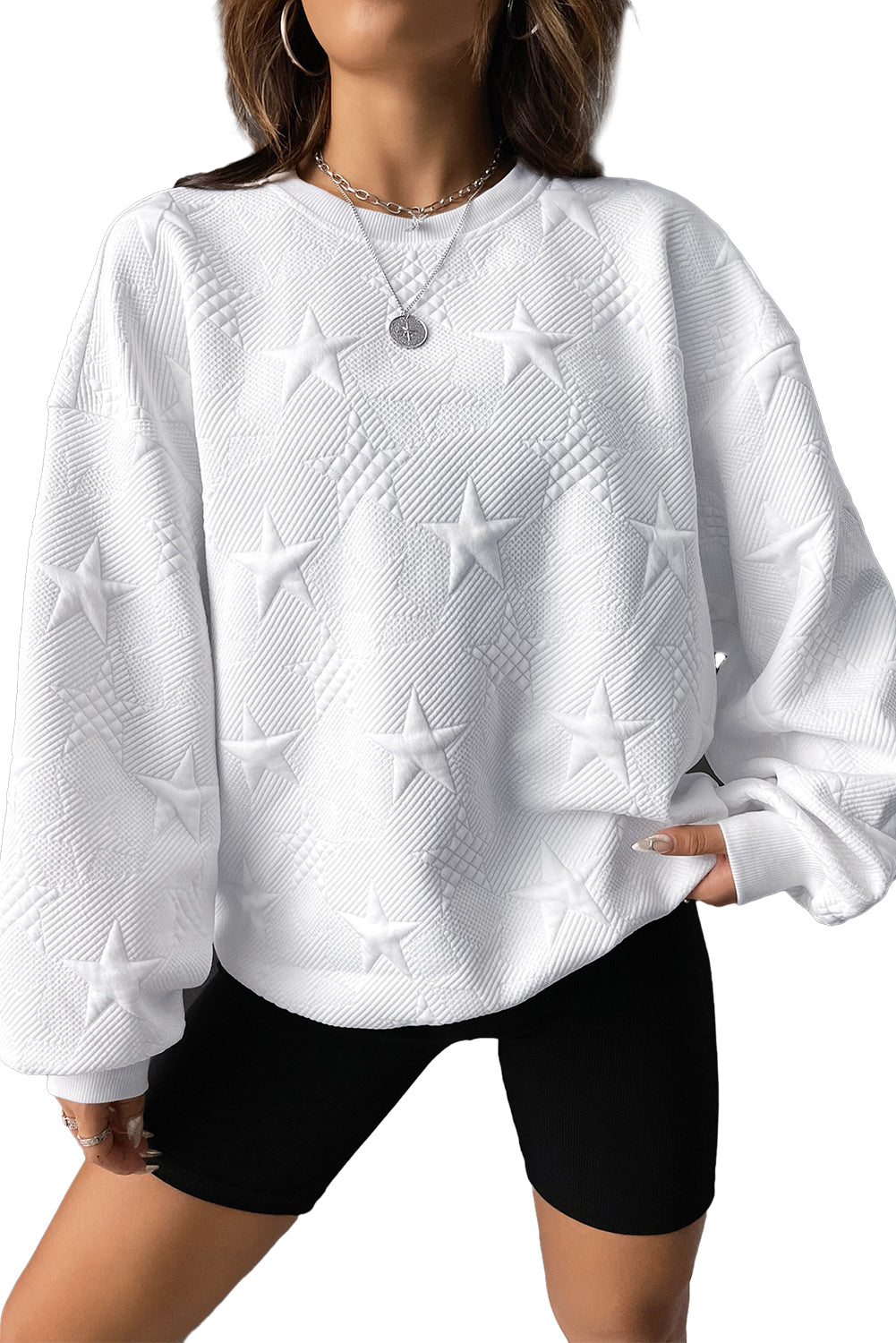 White Star Embossed Textured Drop Shoulder Sweatshirt