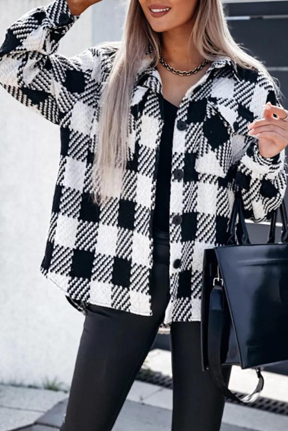 Black & White Elegant Plaid Textured Flap Pocket Shacket