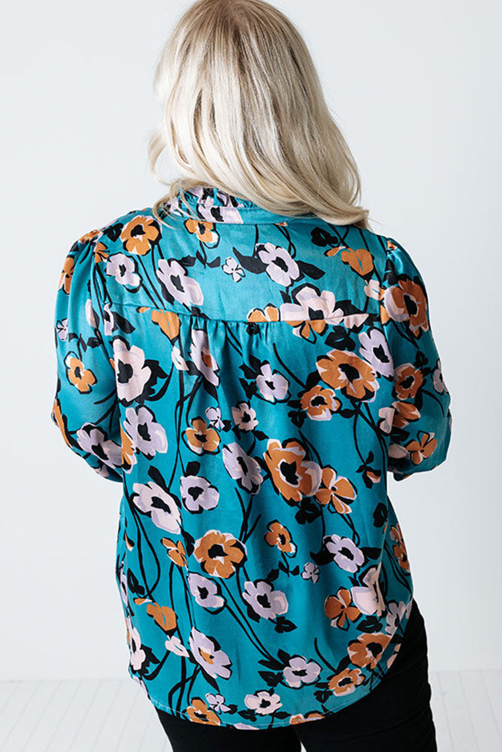 Sky Blue Floral Print V Neck Plus Size Blouse