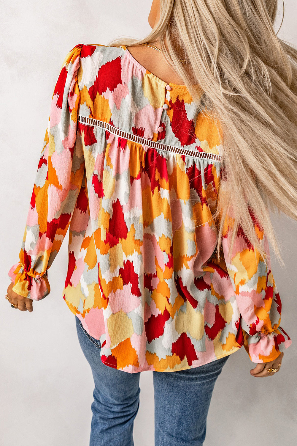 Multicolor Abstract Print Boho Ruffle Long Sleeve Blouse