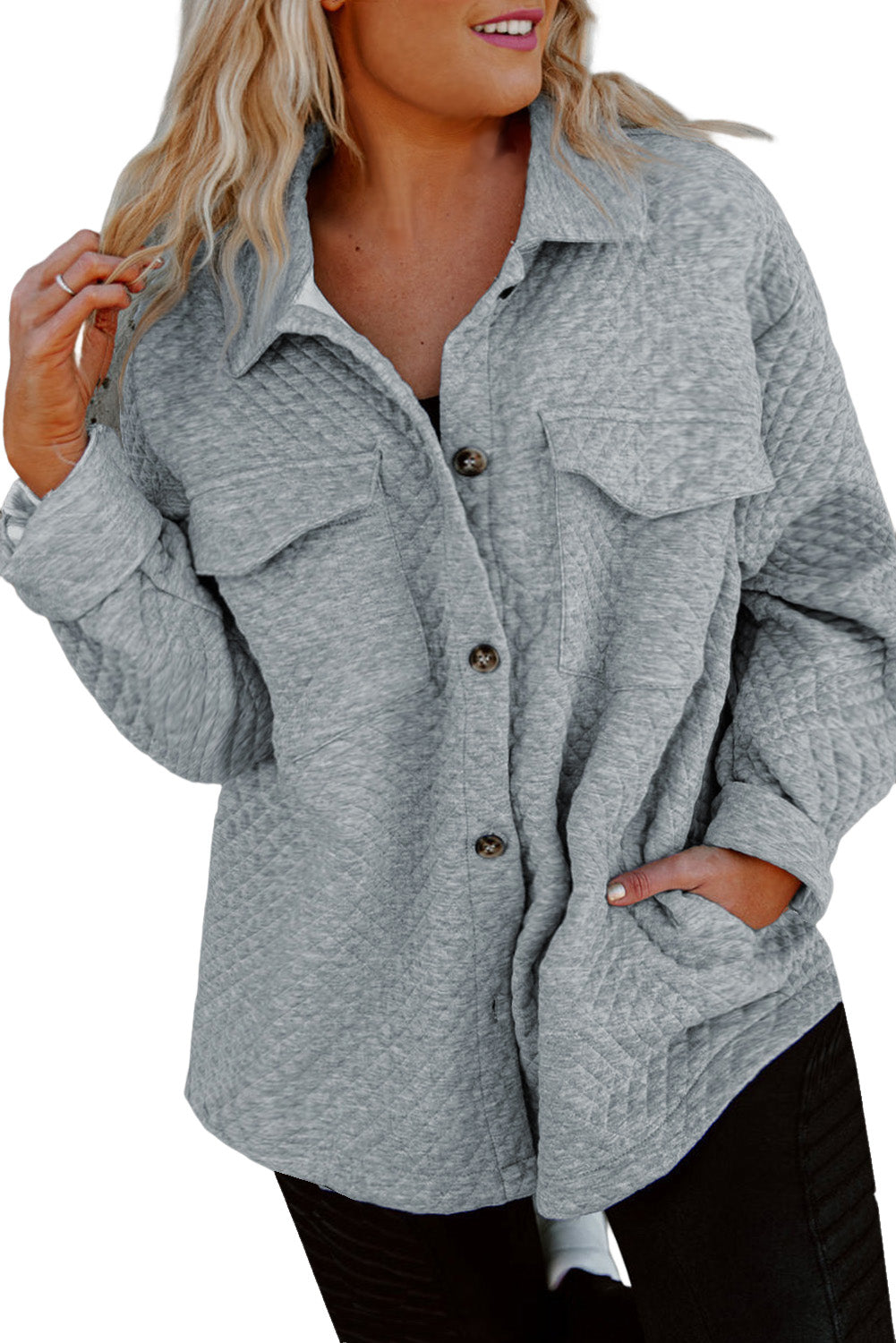 Gray Plus Size Pocketed Quilted Shacket