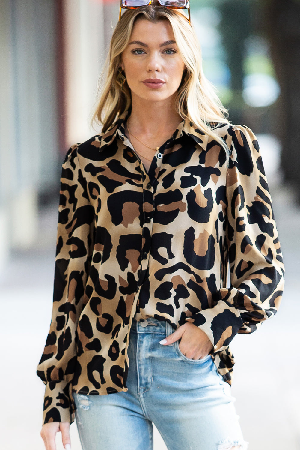 Leopard Bishop Sleeve Button Up Turn Down Collar Shirt