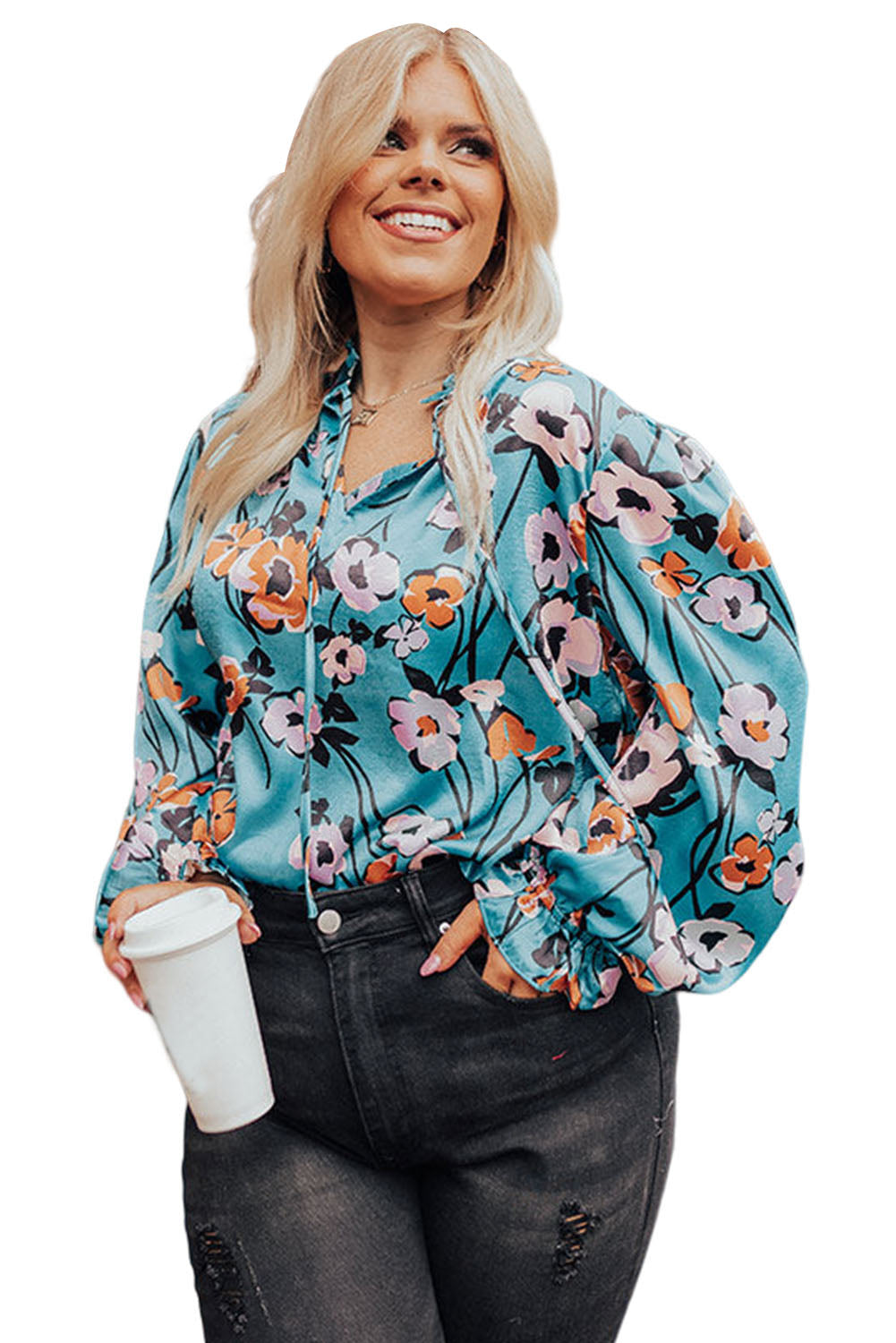 Sky Blue Floral Print V Neck Plus Size Blouse