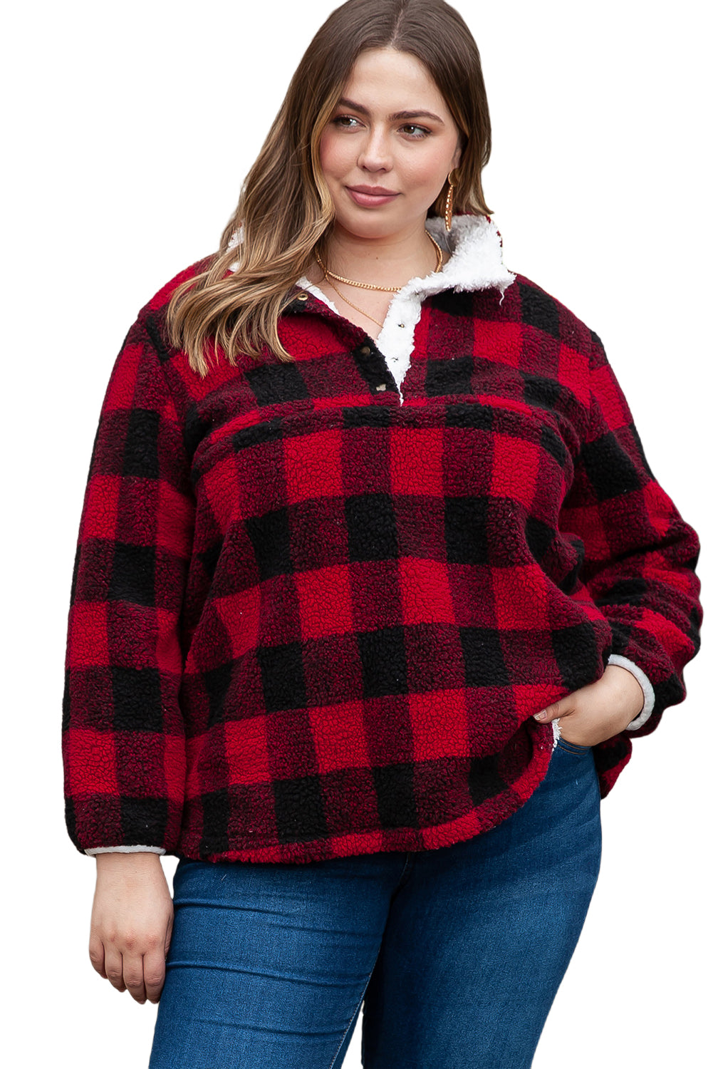 Red Plus Size Buffalo Plaid Sherpa Henley Sweatshirt